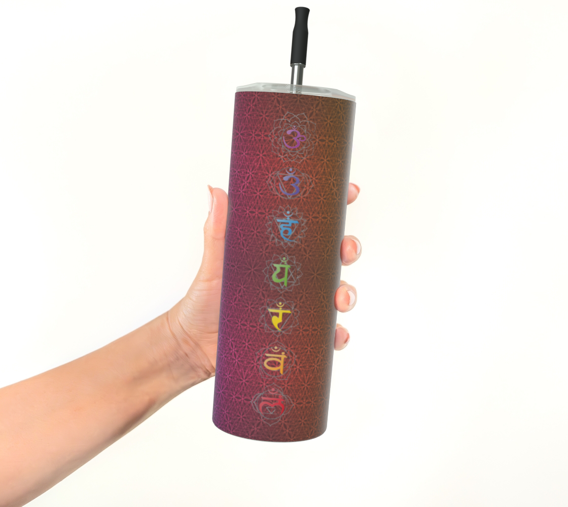 Bless This Drink, Love & Gratitude - Chakra Symbols Rainbow Flower of Life Pattern Stainless Steel Tumbler With Straw