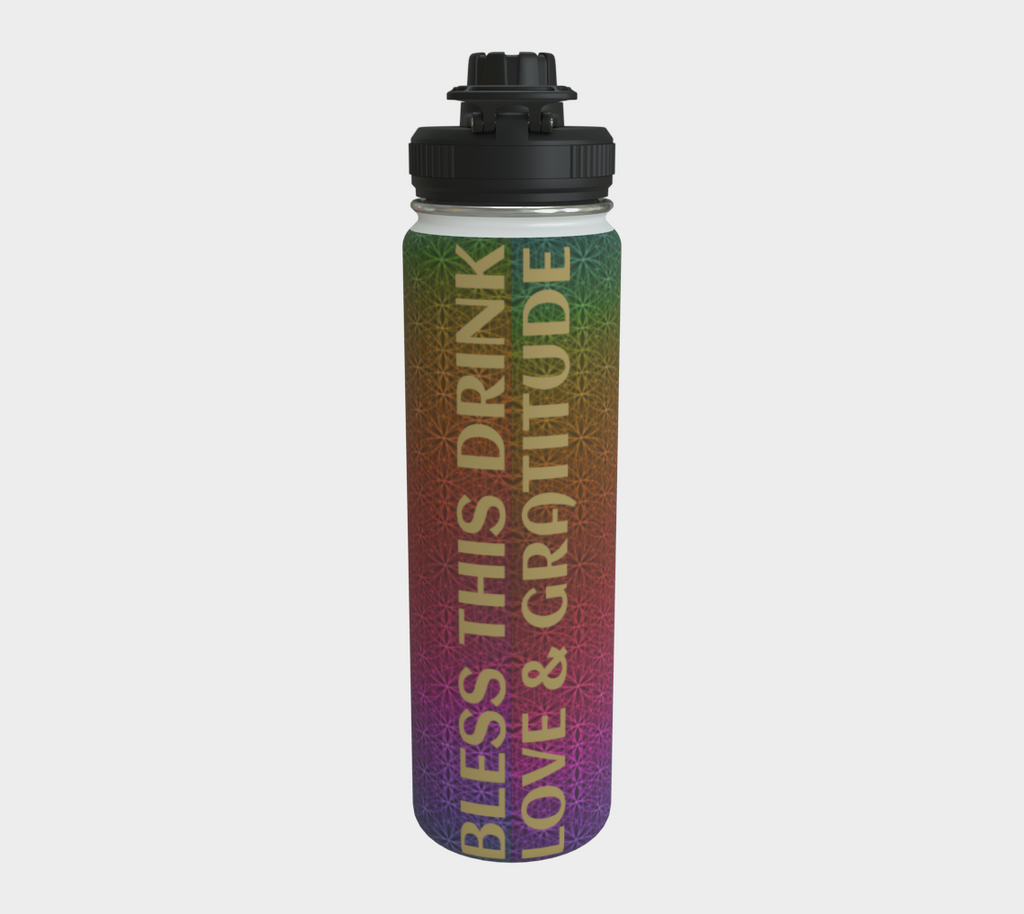 Bless This Drink, Love & Gratitude - Chakra Symbols Rainbow Flower of Life Pattern Stainless Steel Water Bottle