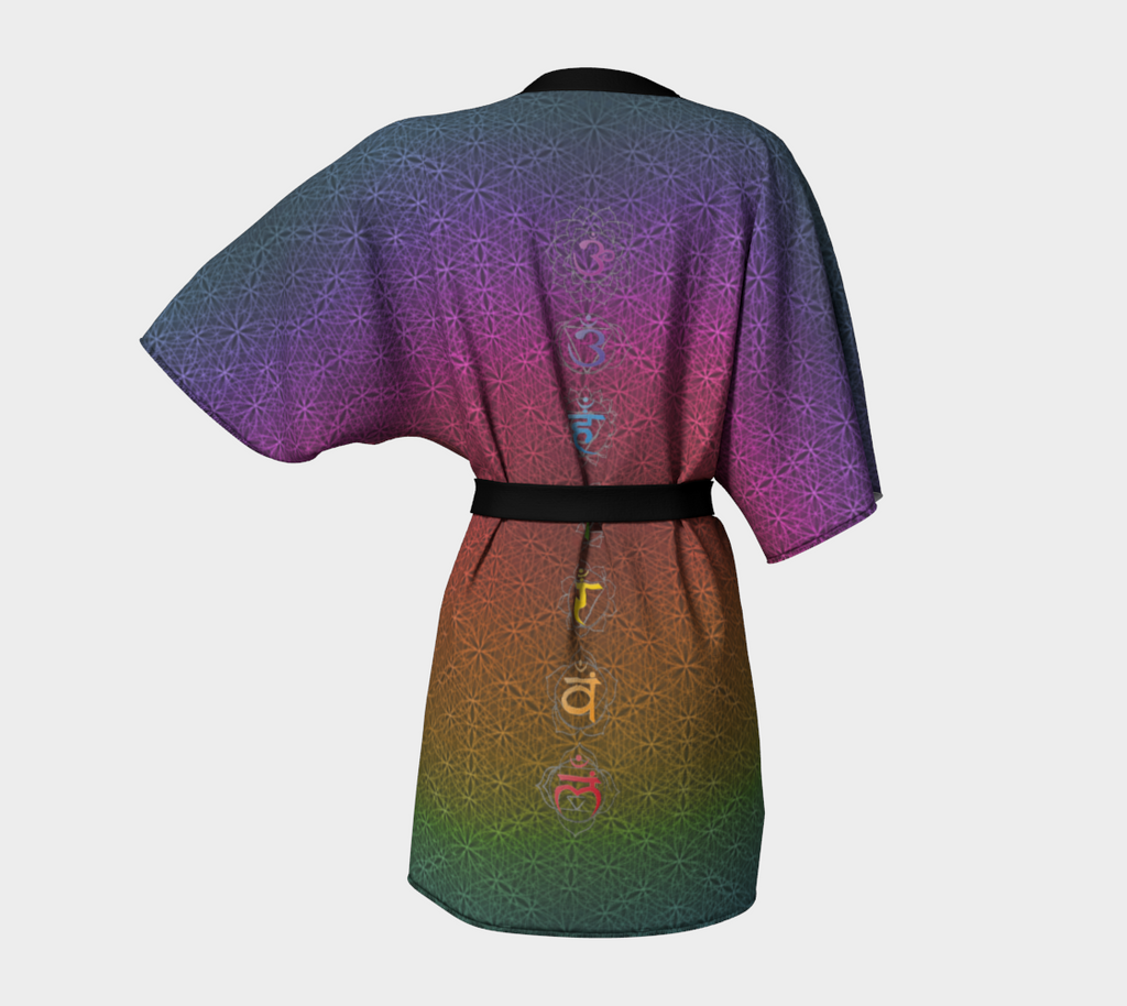 Chakra Symbols Rainbow Flower of Life Pattern Kimono Robe