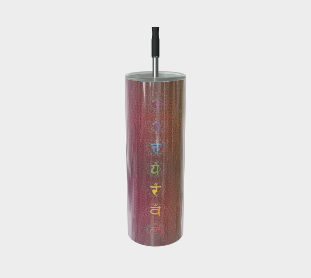 Bless This Drink, Love & Gratitude - Chakra Symbols Rainbow Flower of Life Pattern Stainless Steel Tumbler With Straw