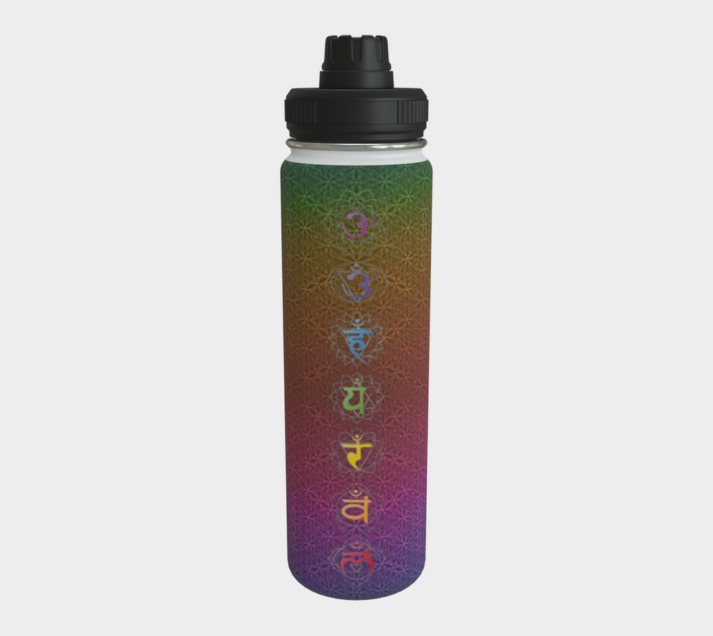Bless This Drink, Love & Gratitude - Chakra Symbols Rainbow Flower of Life Pattern Stainless Steel Water Bottle