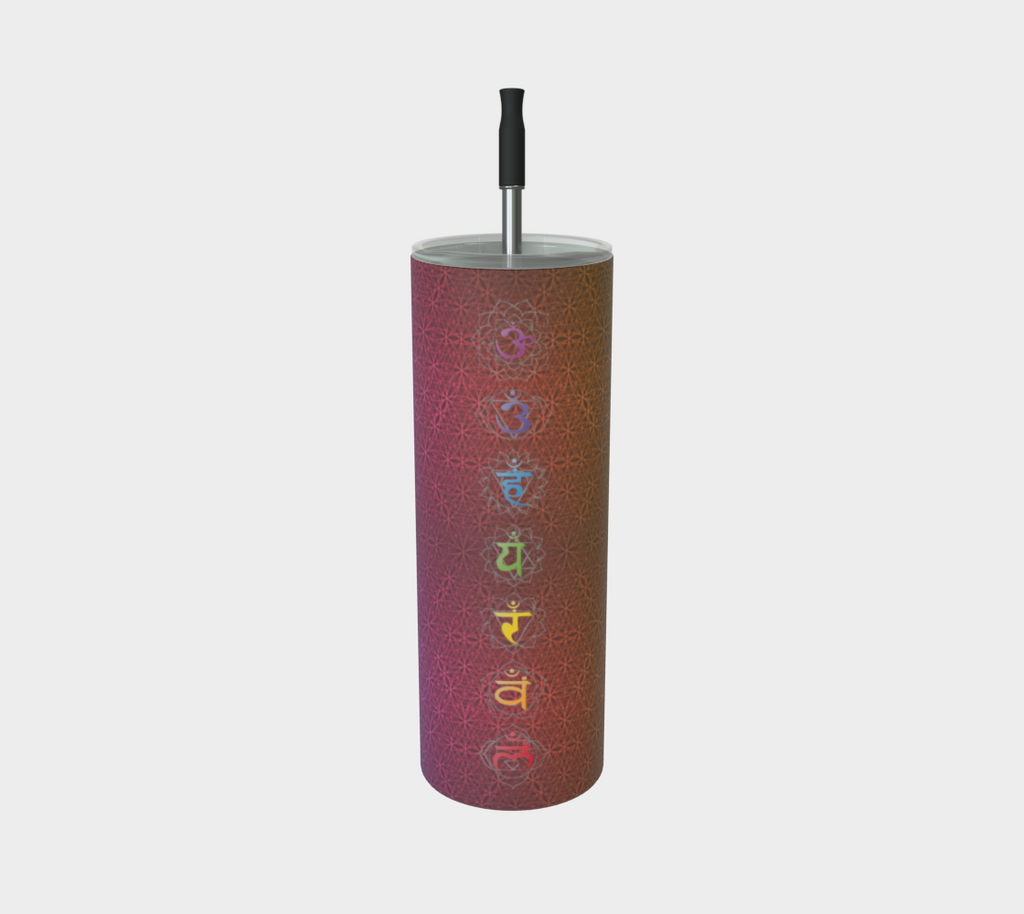 Bless This Drink, Love & Gratitude - Chakra Symbols Rainbow Flower of Life Pattern Stainless Steel Tumbler With Straw