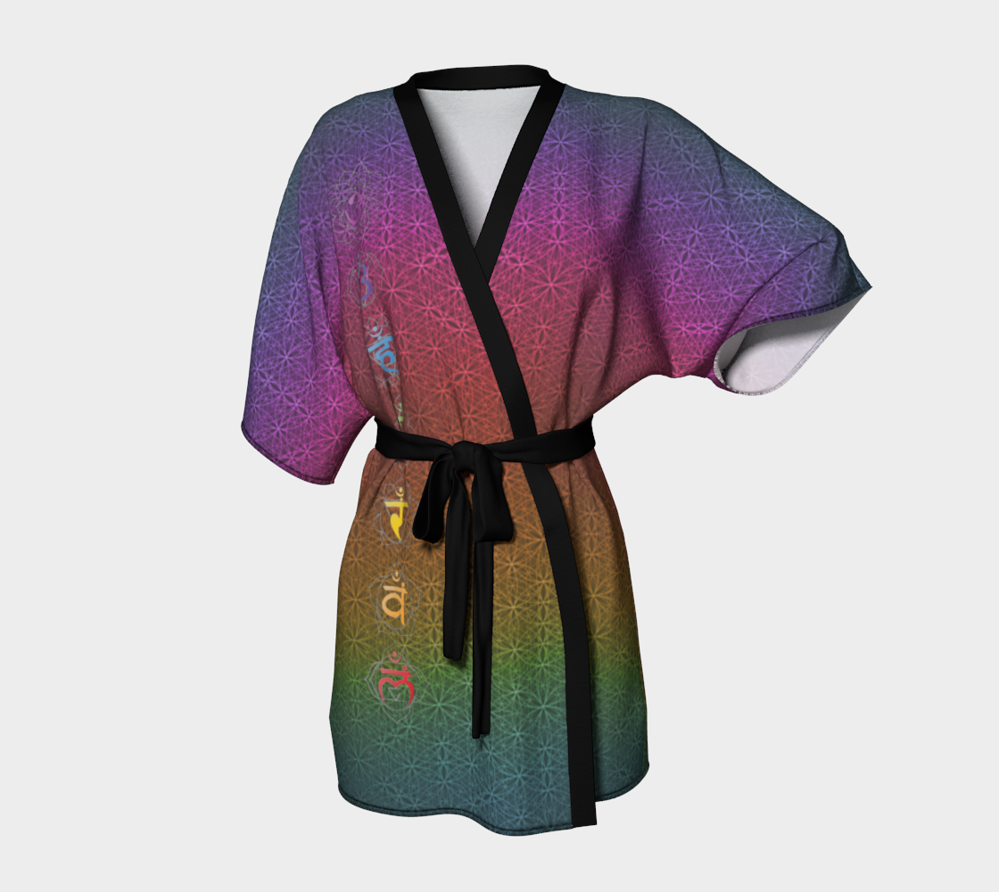 Chakra Symbols Rainbow Flower of Life Pattern Kimono Robe