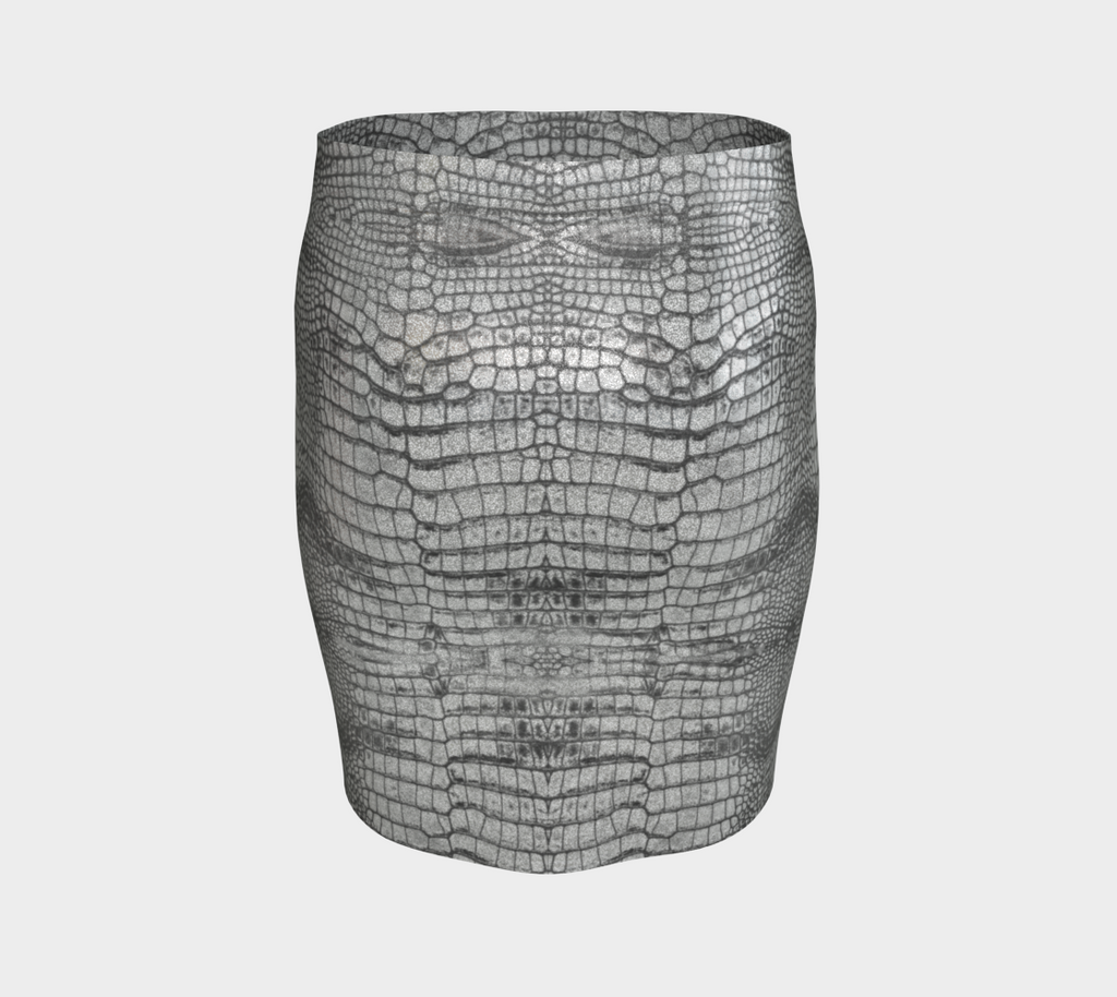 Grungy Glitter Metallic Silver White Dragon Crocodile Scales Reptile Skin Pattern Fitted Skirt