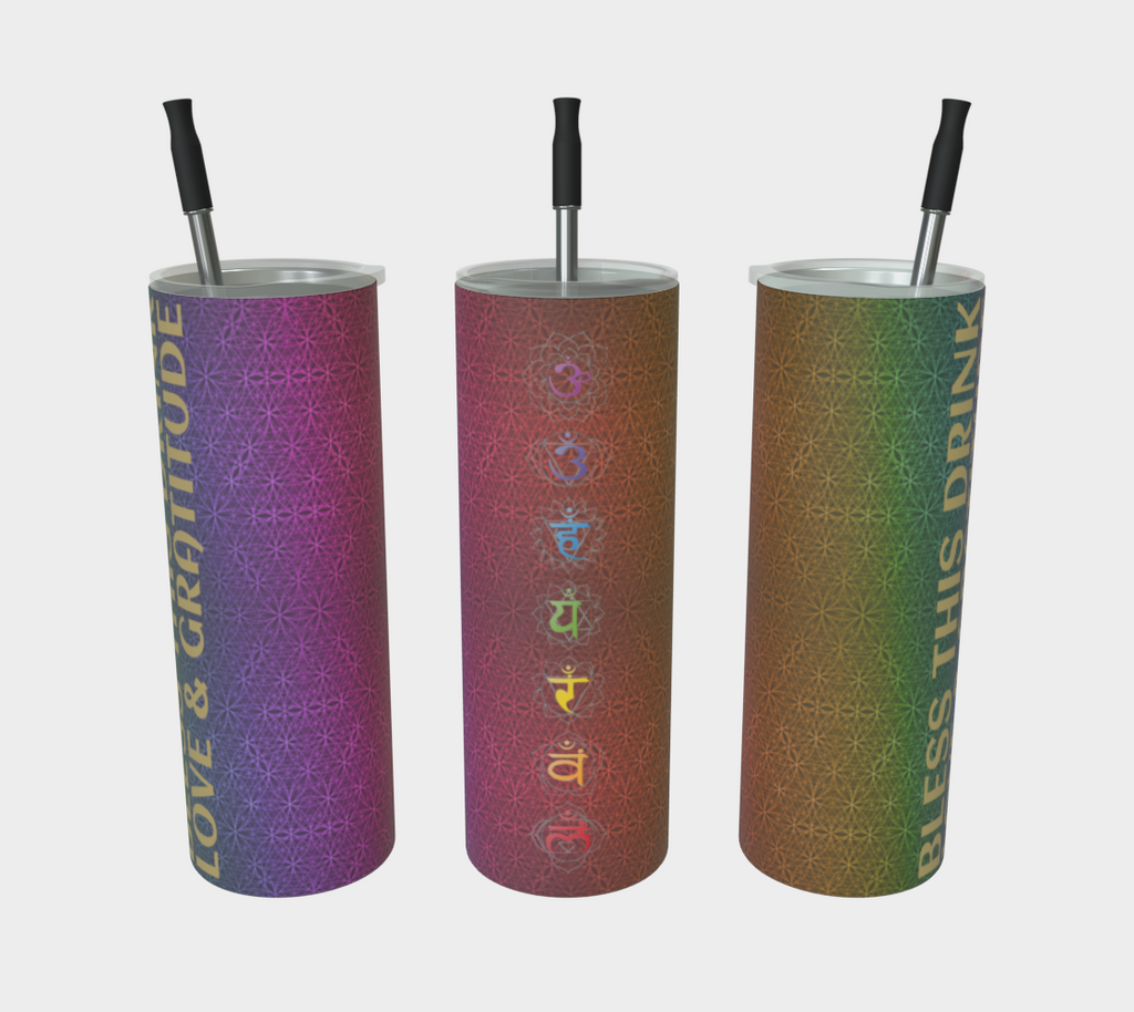 Bless This Drink, Love & Gratitude - Chakra Symbols Rainbow Flower of Life Pattern Stainless Steel Tumbler With Straw