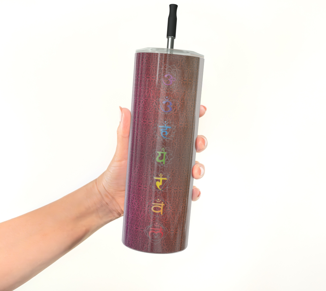 Bless This Drink, Love & Gratitude - Chakra Symbols Rainbow Flower of Life Pattern Stainless Steel Tumbler With Straw