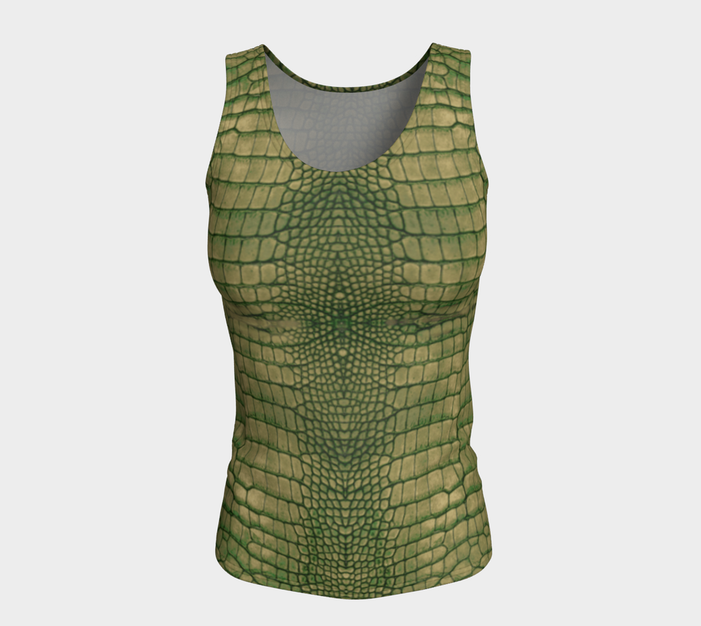 Grungy Green Dragon Crocodile Reptile Printed Fitted Tank Top Long
