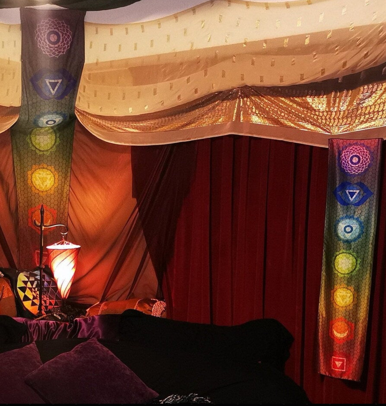 Hexagonal Lattice Rainbow Chakra Symbols Silk Long Scarf or Tapestry