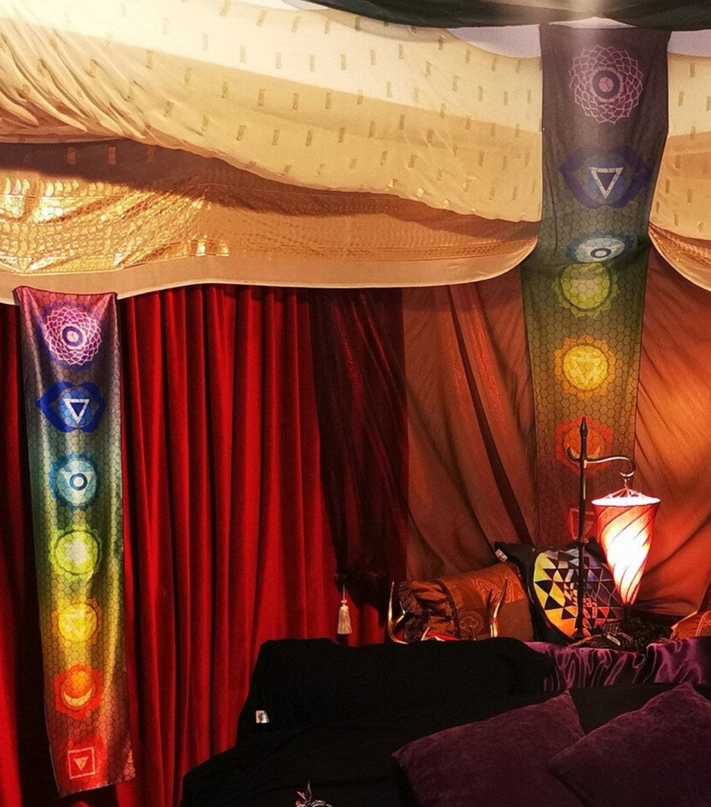 Hexagonal Lattice Rainbow Chakra Symbols Silk Long Scarf or Tapestry