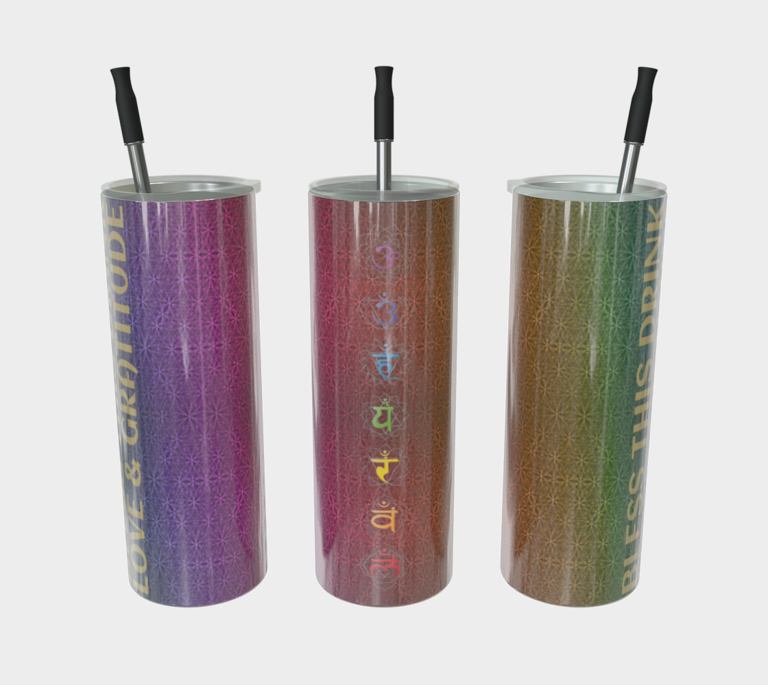 Bless This Drink, Love & Gratitude - Chakra Symbols Rainbow Flower of Life Pattern Stainless Steel Tumbler With Straw