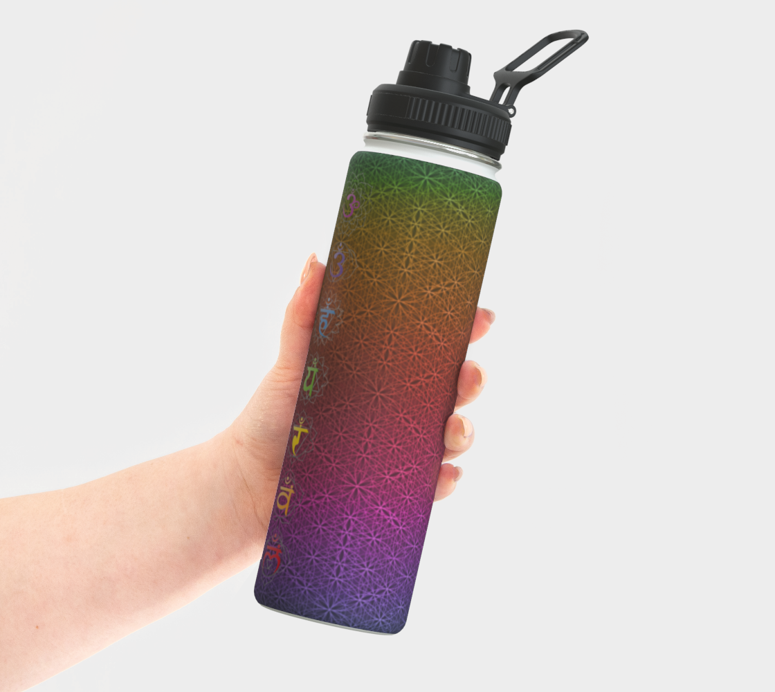 Bless This Drink, Love & Gratitude - Chakra Symbols Rainbow Flower of Life Pattern Stainless Steel Water Bottle