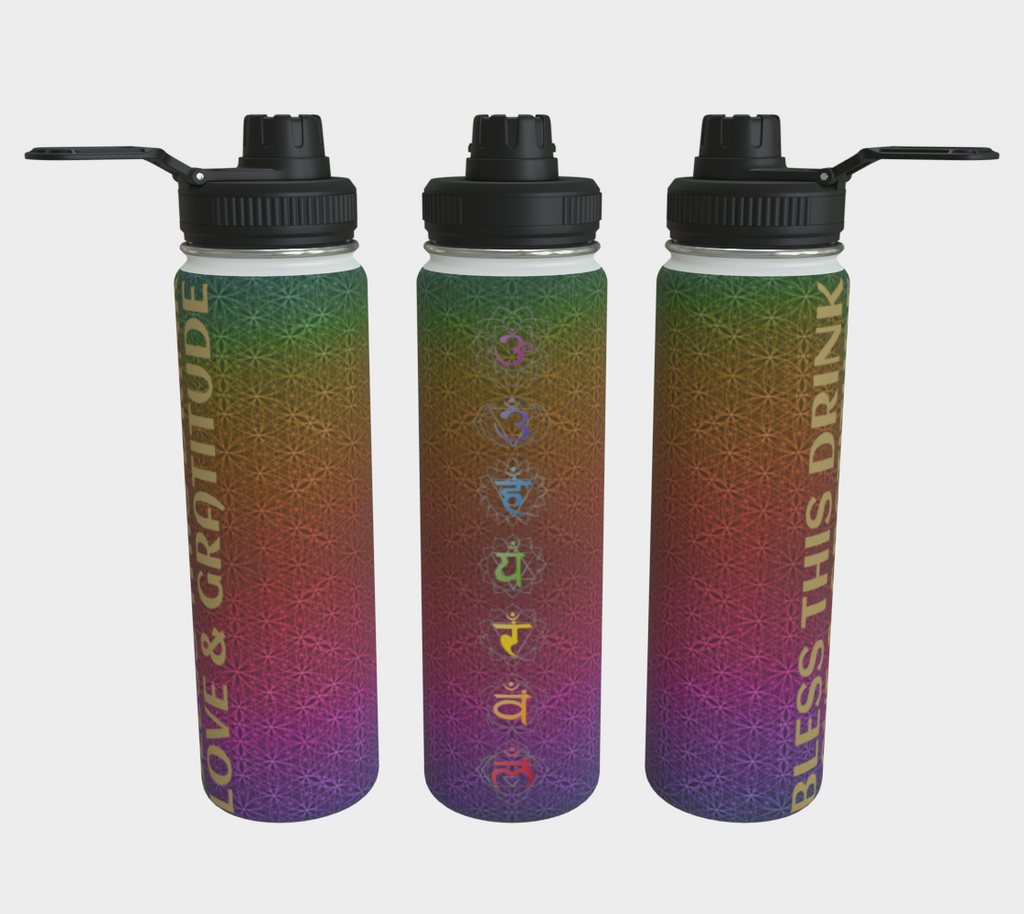 Bless This Drink, Love & Gratitude - Chakra Symbols Rainbow Flower of Life Pattern Stainless Steel Water Bottle