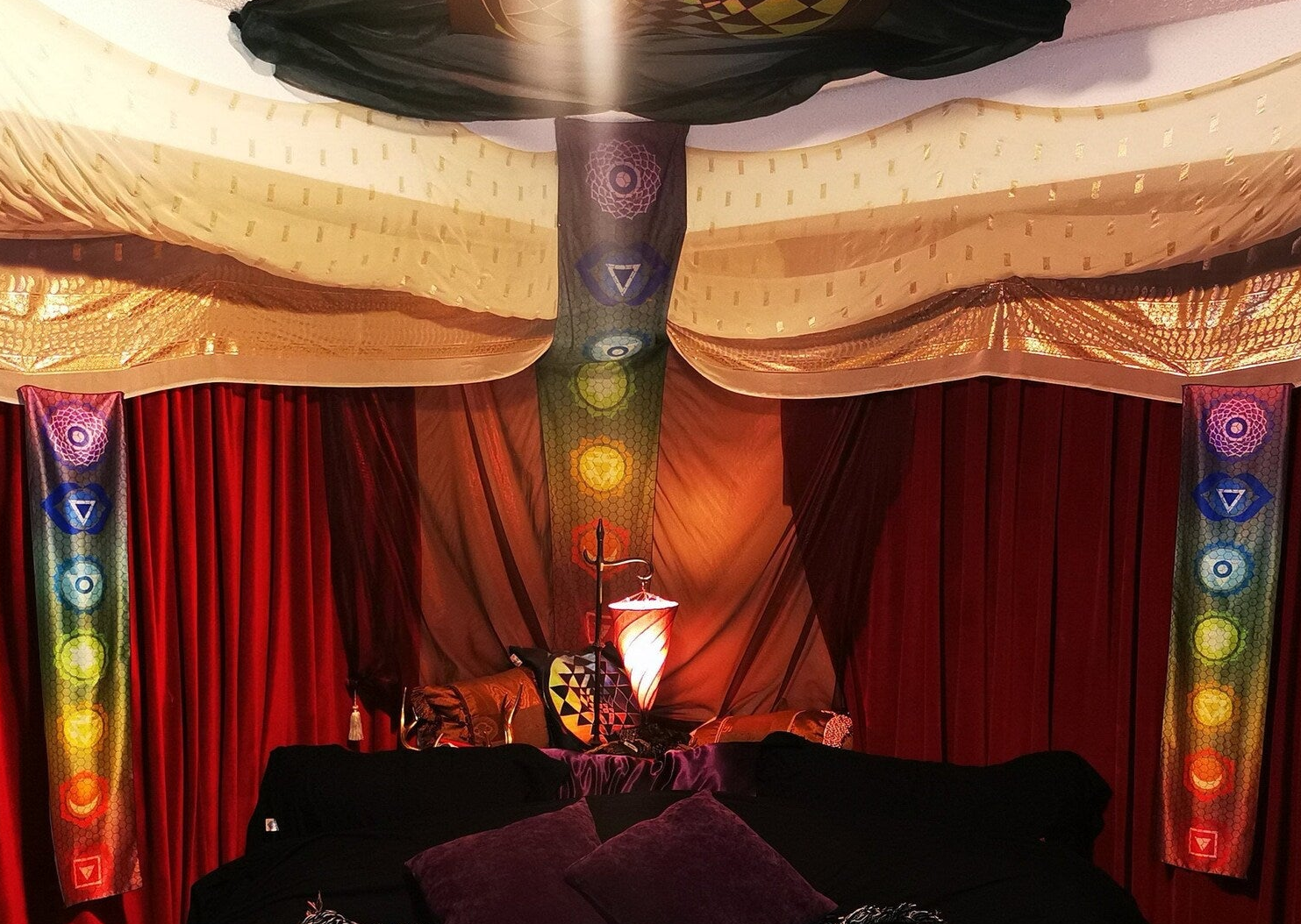 Hexagonal Lattice Rainbow Chakra Symbols Silk Long Scarf or Tapestry