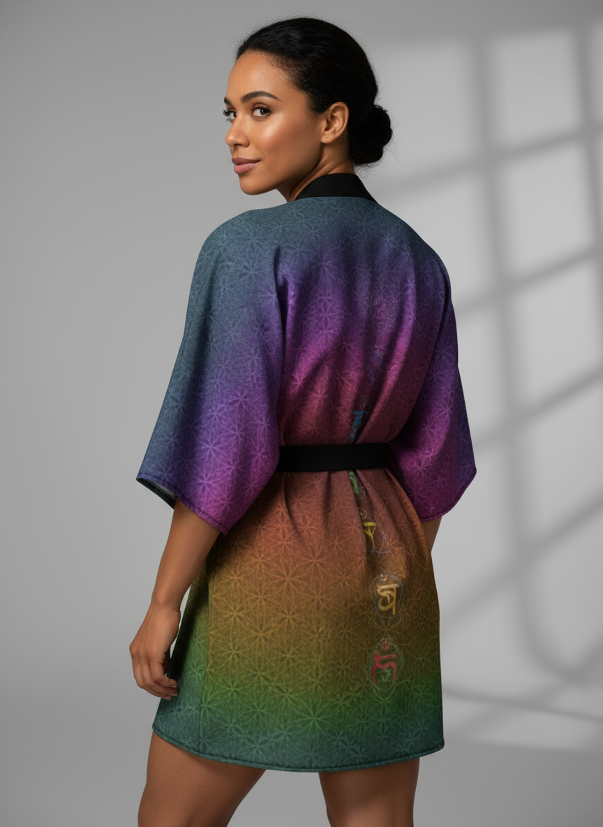 Chakra Symbols Rainbow Flower of Life Pattern Kimono Robe