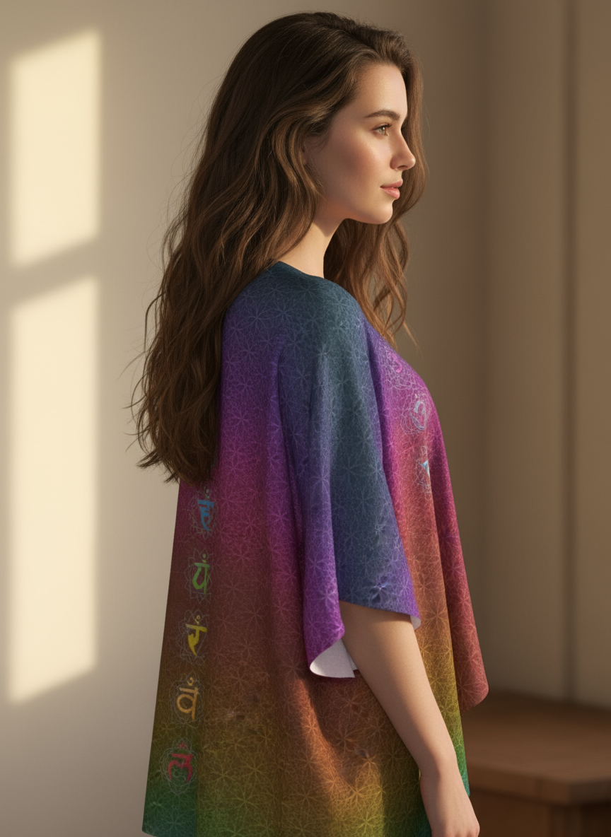 Chakra Symbols Rainbow Flower of Life Pattern Draped Kimono Robe