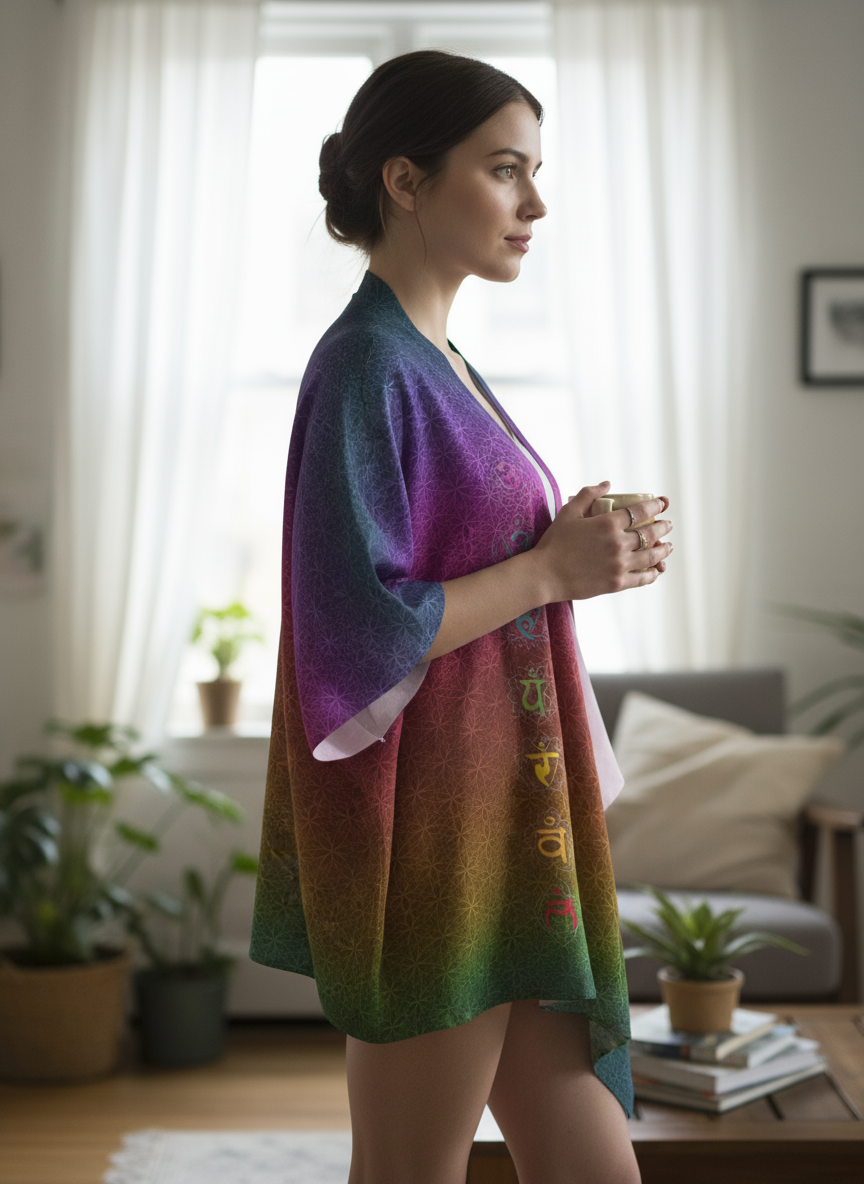 Chakra Symbols Rainbow Flower of Life Pattern Draped Kimono Robe