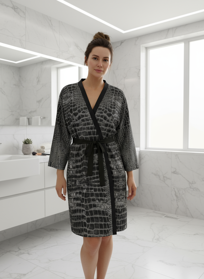 Black Dragon Inverted Aligator Crocodile Scales Reptile Skin Pattern Peignoir Robe