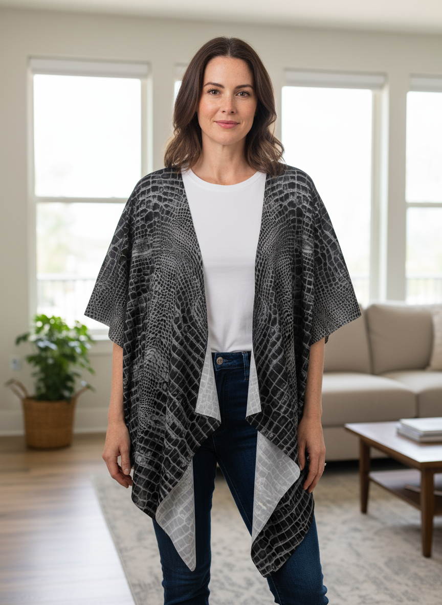 Black Dragon Inverted Aligator Crocodile Scales Reptile Skin Pattern Draped Kimono