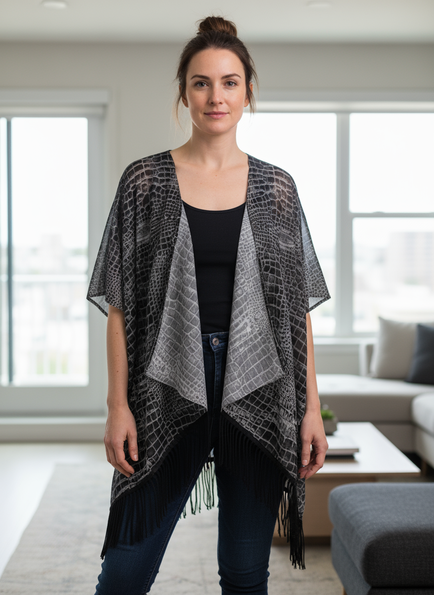 Black Dragon Inverted Aligator Crocodile Scales Reptile Skin Pattern Draped Kimono