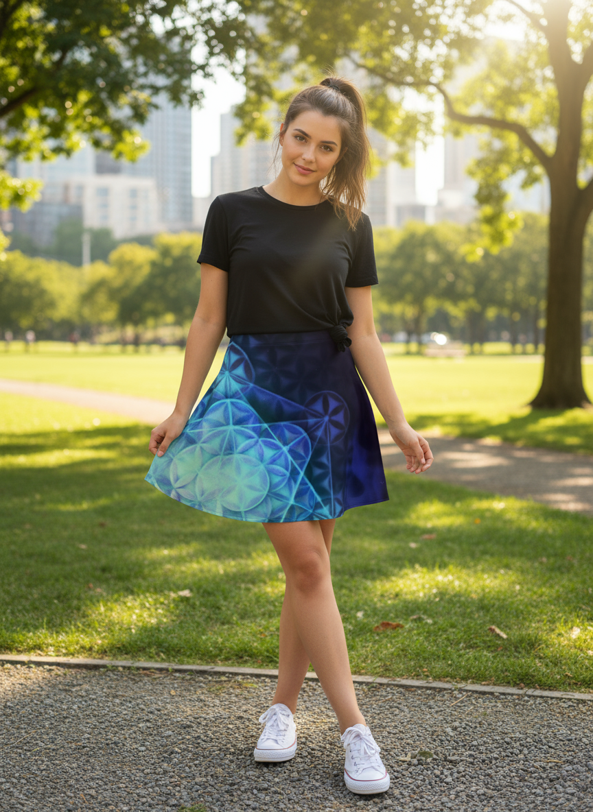Airbrushed Rainbow Spectrum Flower of Life Glitter Flared Skirt