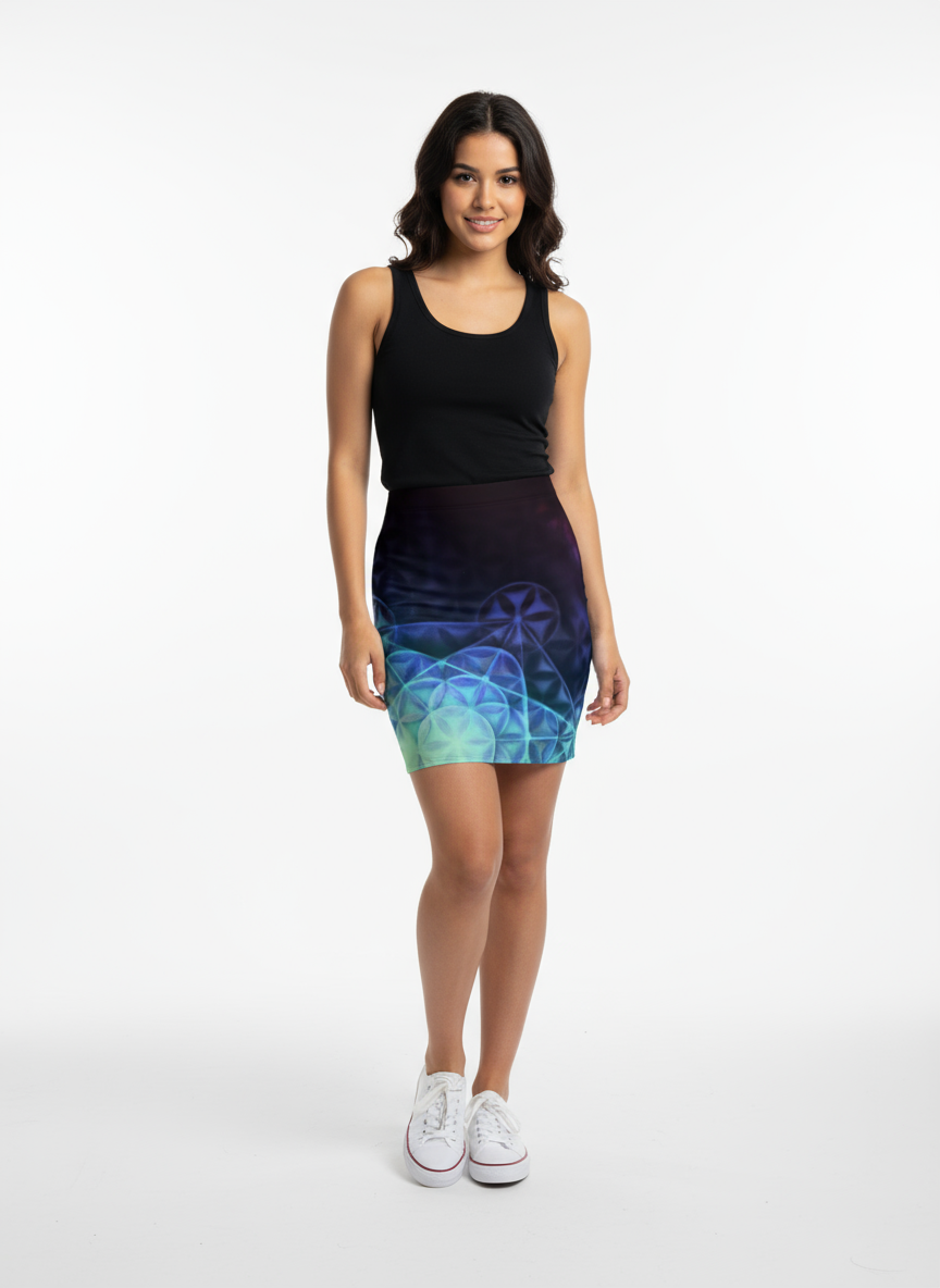 Airbrushed Rainbow Spectrum Flower of Life Glitter Fitted Skirt