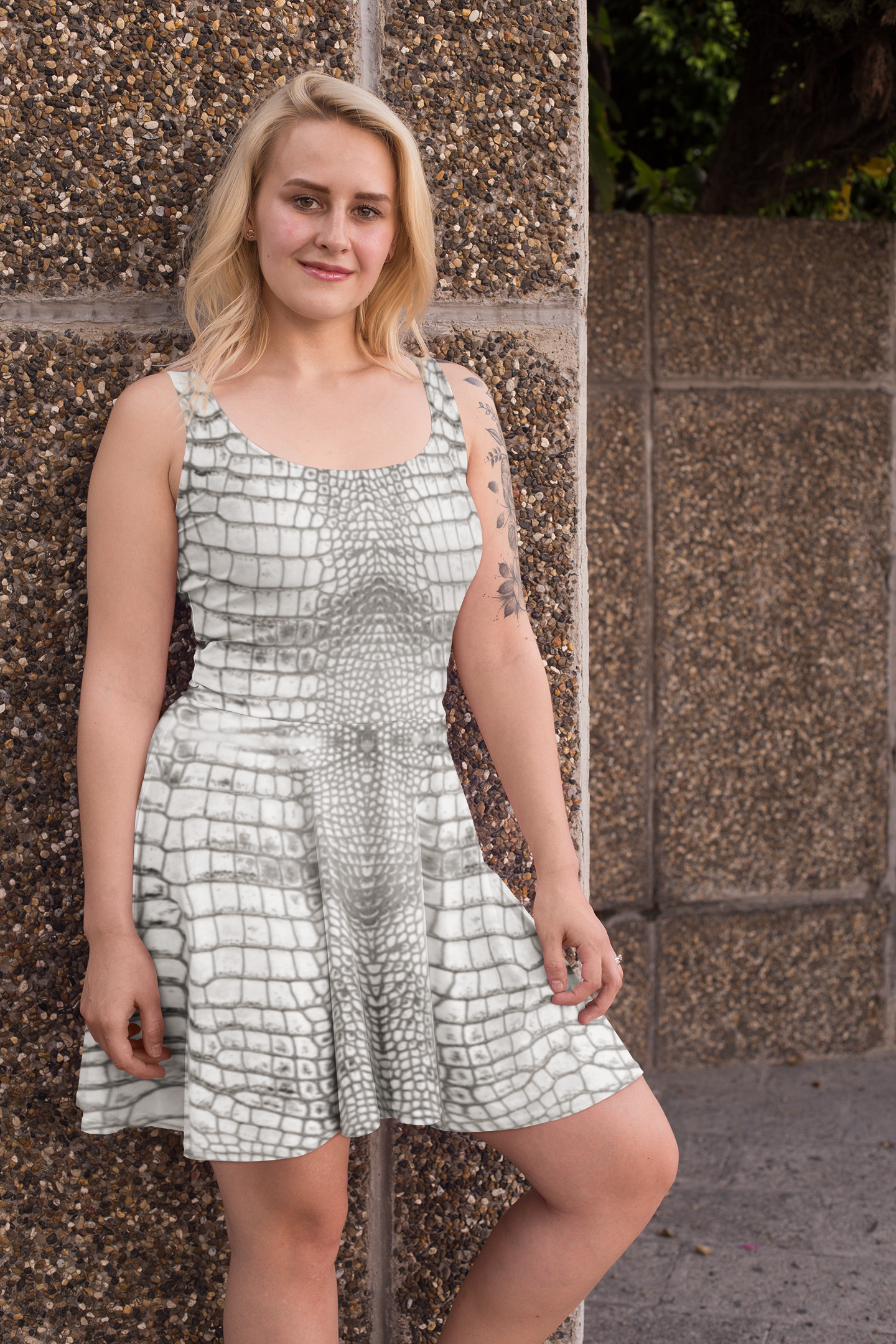 Grungy White Dragon Aligator Crocodile Scales Reptile Skin Pattern Flare Dress